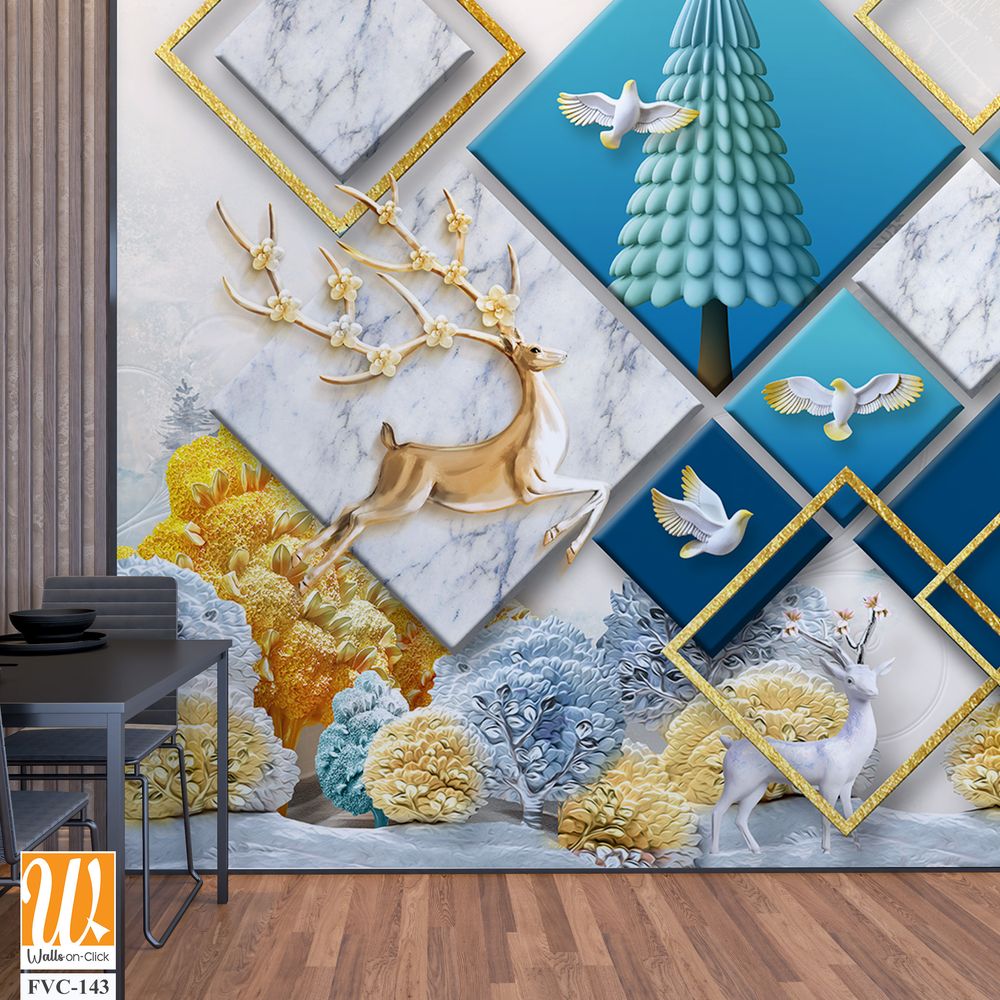 3D wallpaper with a blue marble background and a gold square frame [WP-FVC-143]