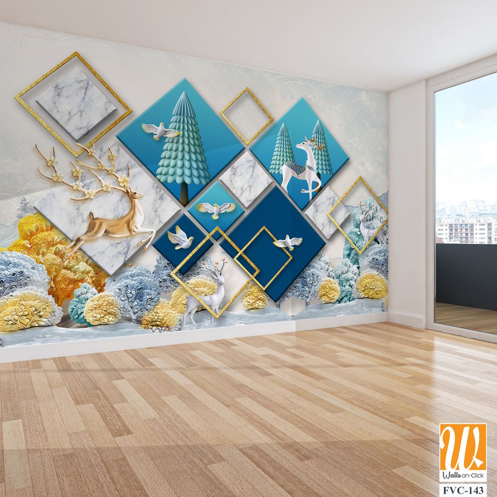 3D wallpaper with a blue marble background and a gold square frame [WP-FVC-143]