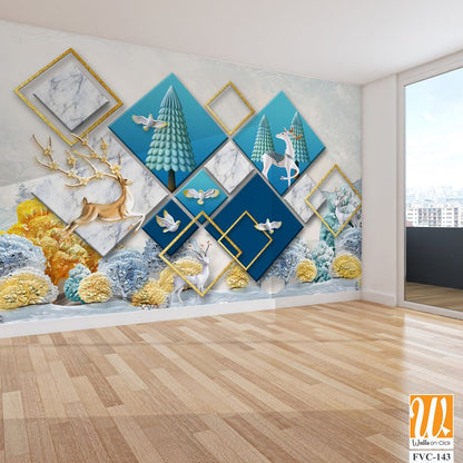 3D wallpaper with a blue marble background and a gold square frame [WP-FVC-143]