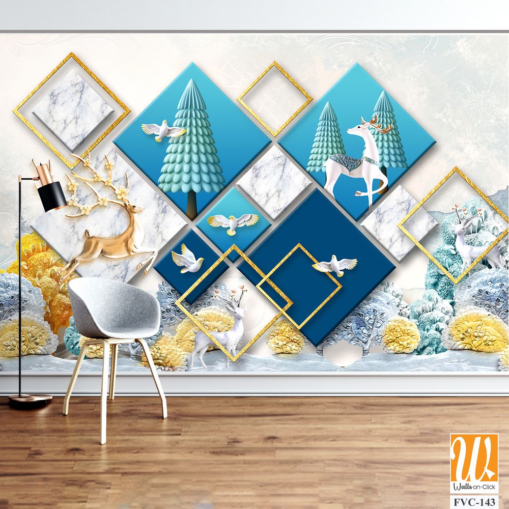 3D wallpaper with a blue marble background and a gold square frame [WP-FVC-143]