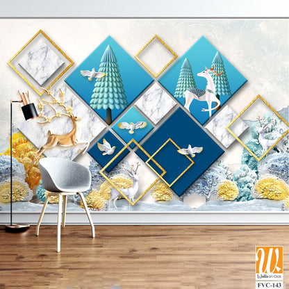 3D wallpaper with a blue marble background and a gold square frame [WP-FVC-143]