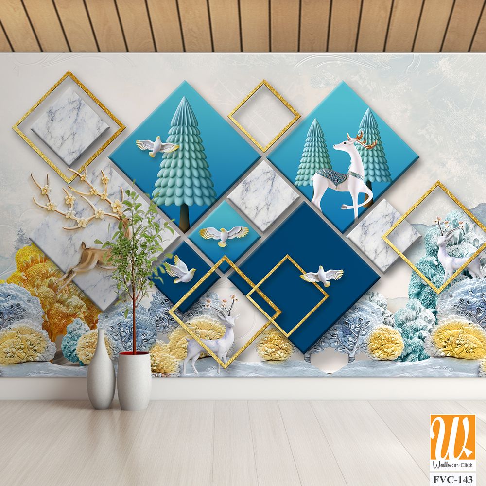 3D wallpaper with a blue marble background and a gold square frame [WP-FVC-143]