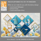 3D wallpaper with a blue marble background and a gold square frame [WP-FVC-143]