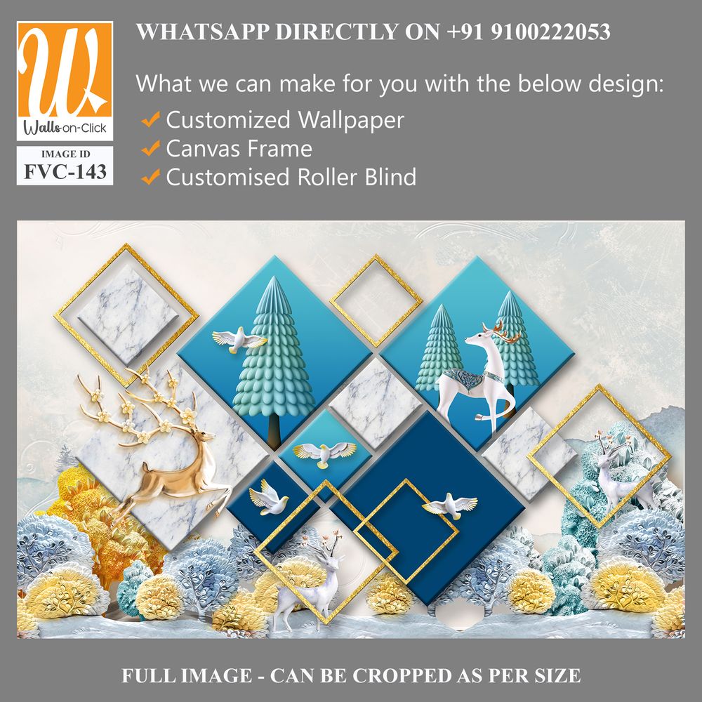 3D wallpaper with a blue marble background and a gold square frame [WP-FVC-143]