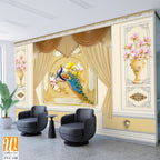 Luxurious golden peacock and floral wall mural Wallpaper [WP-FVC-148]