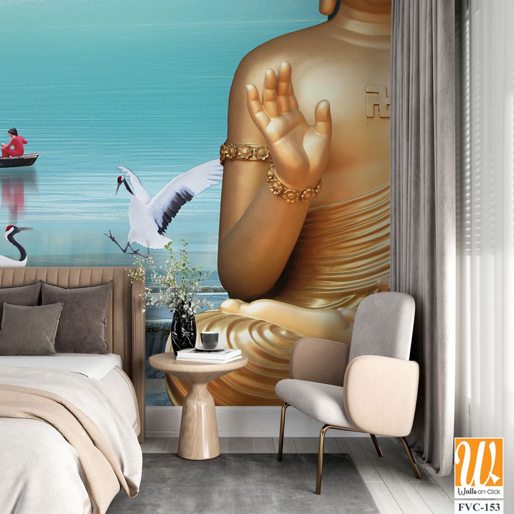 Buddha statue with birds, flowers, and trees Wallpaper [WP-FVC-153]