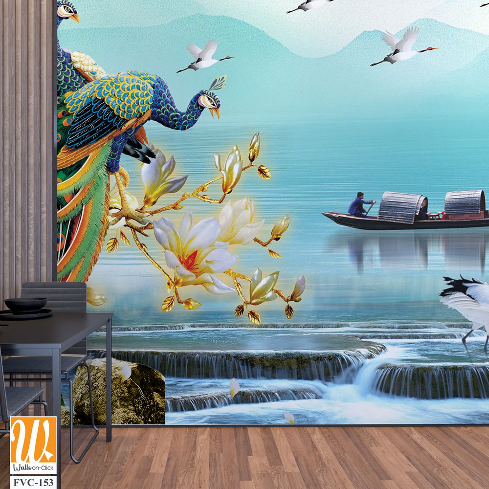 Buddha statue with birds, flowers, and trees Wallpaper [WP-FVC-153]