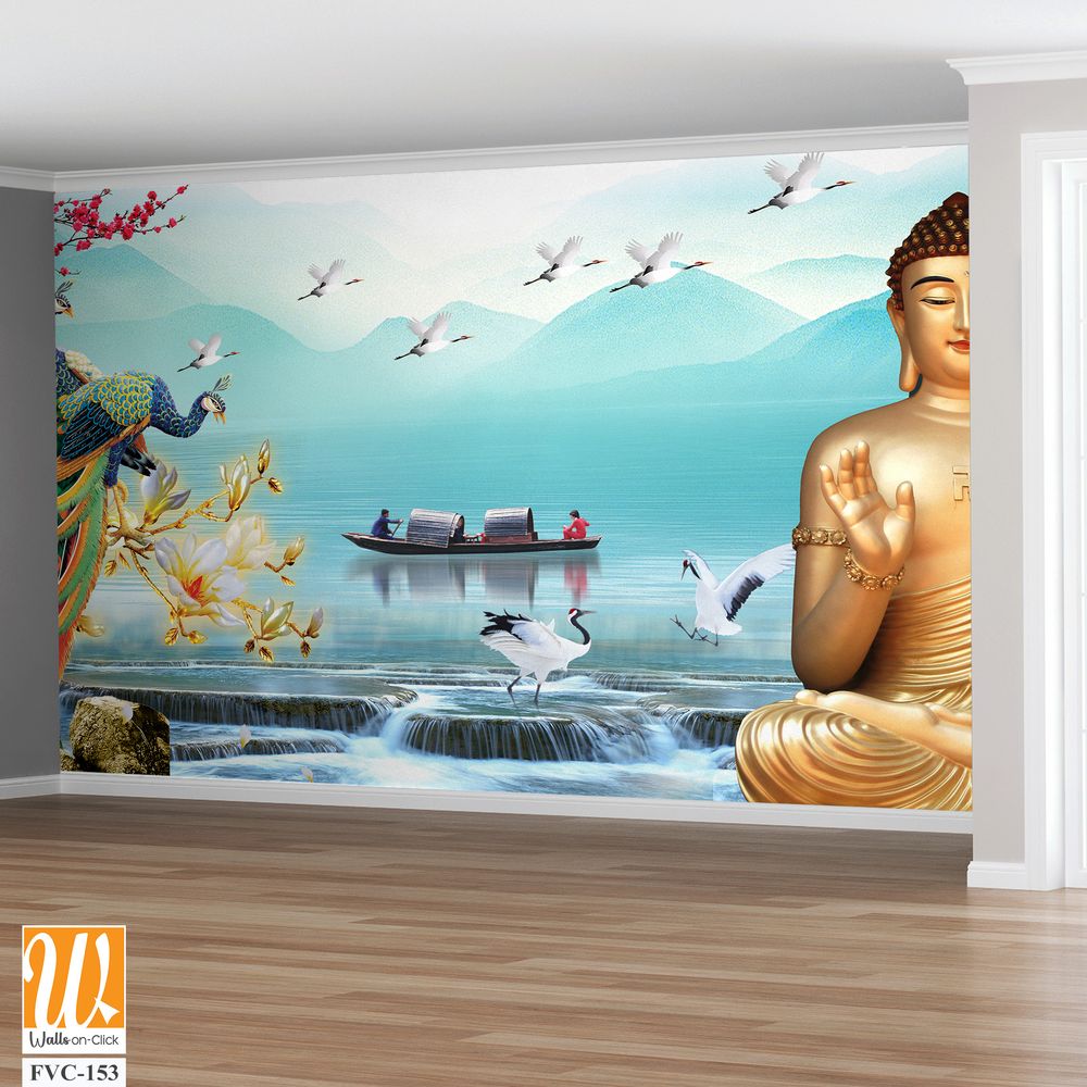 Buddha statue with birds, flowers, and trees Wallpaper [WP-FVC-153]