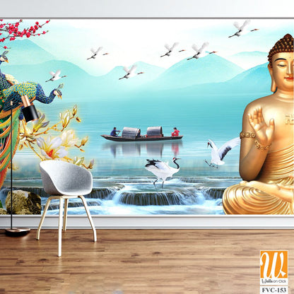 Buddha statue with birds, flowers, and trees Wallpaper [WP-FVC-153]