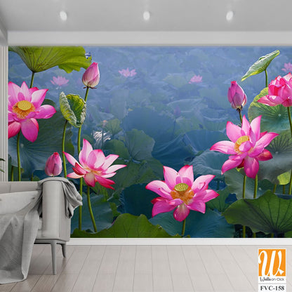 Beautiful lotus flowers and leaves in the pond Wallpaper [WP-FVC-158]