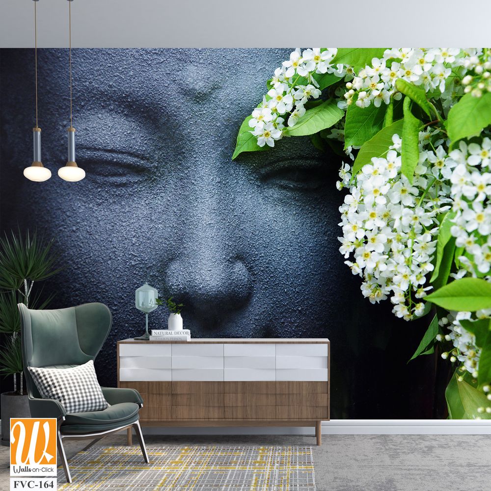 Black stone face of Buddha, adorned with flowers Wallpaper [WP-FVC-164]