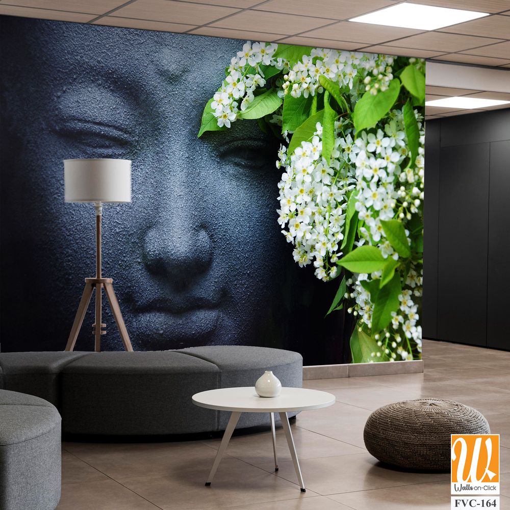 Black stone face of Buddha, adorned with flowers Wallpaper [WP-FVC-164]