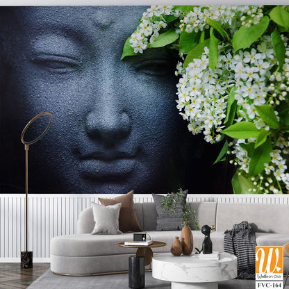 Black stone face of Buddha, adorned with flowers Wallpaper [WP-FVC-164]