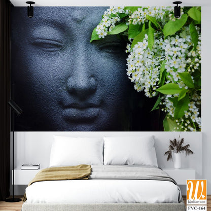 Black stone face of Buddha, adorned with flowers Wallpaper [WP-FVC-164]