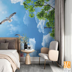 Blue sky with white clouds, pink flowers, and green trees Wallpaper [WP-FVC-187]