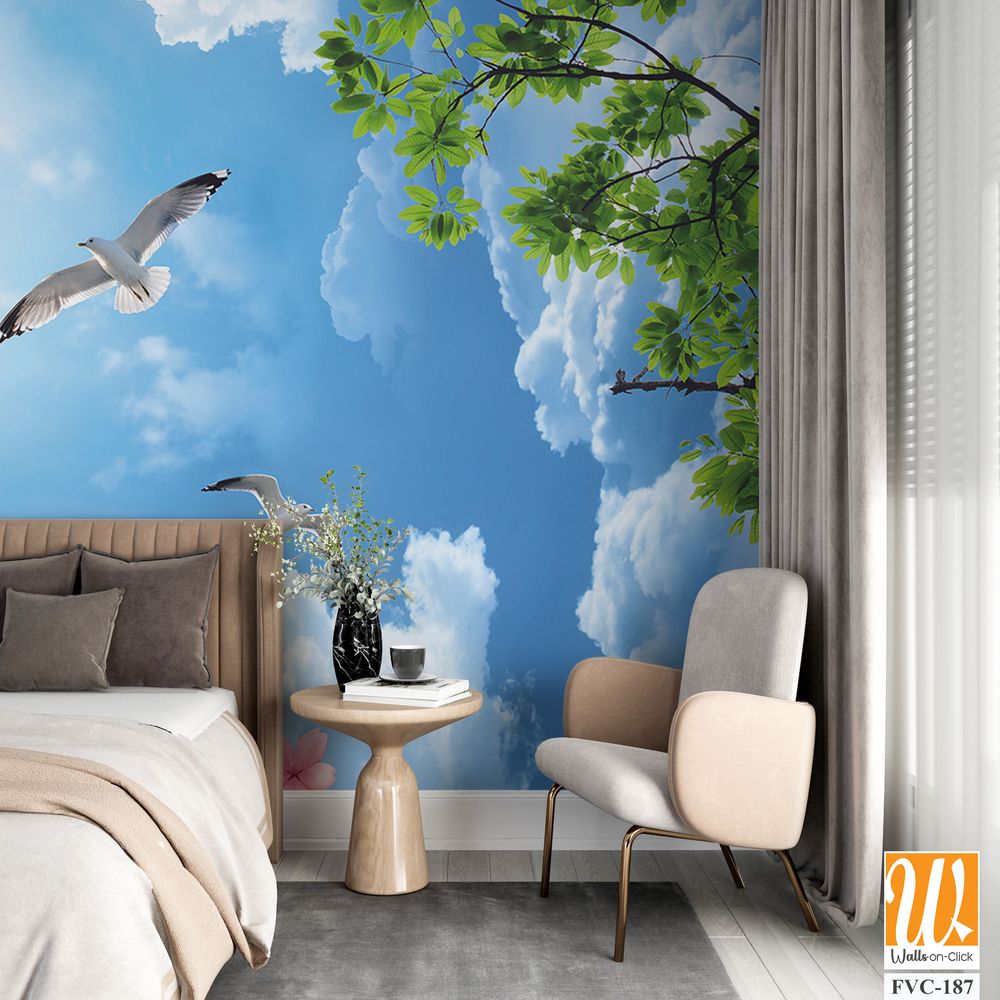 Blue sky with white clouds, pink flowers, and green trees Wallpaper [WP-FVC-187]