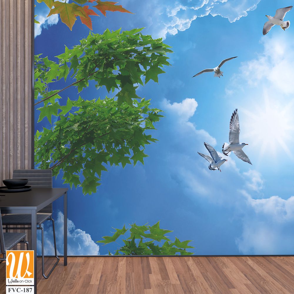 Blue sky with white clouds, pink flowers, and green trees Wallpaper [WP-FVC-187]