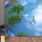 Blue sky with white clouds, pink flowers, and green trees Wallpaper [WP-FVC-187]