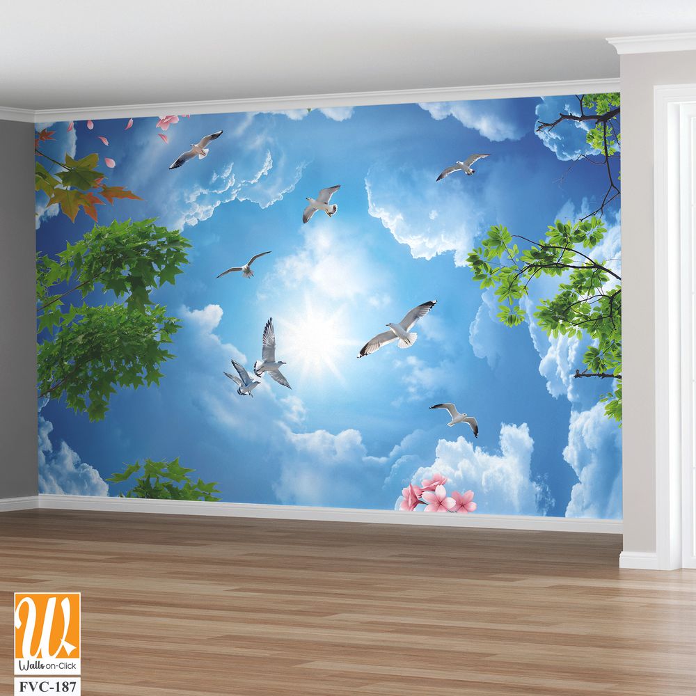 Blue sky with white clouds, pink flowers, and green trees Wallpaper [WP-FVC-187]