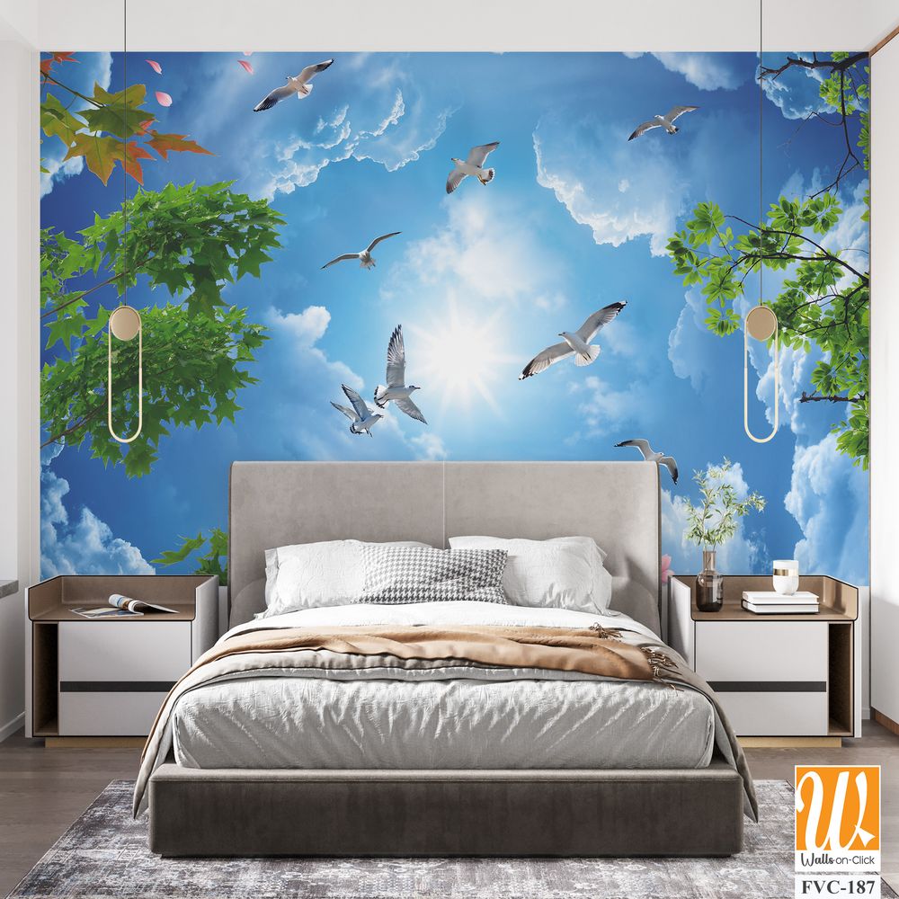 Blue sky with white clouds, pink flowers, and green trees Wallpaper [WP-FVC-187]