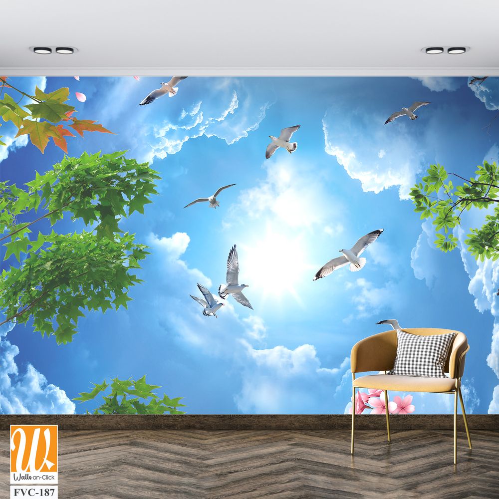 Blue sky with white clouds, pink flowers, and green trees Wallpaper [WP-FVC-187]