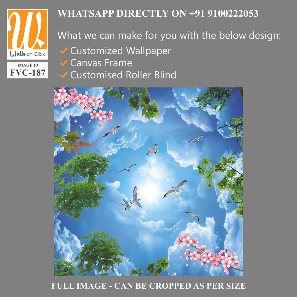 Blue sky with white clouds, pink flowers, and green trees Wallpaper [WP-FVC-187]