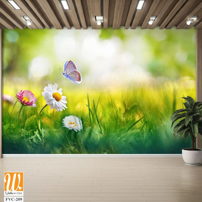 Beautiful spring meadow with daisies and grass, butterfly Wallpaper [WP-FVC-209]