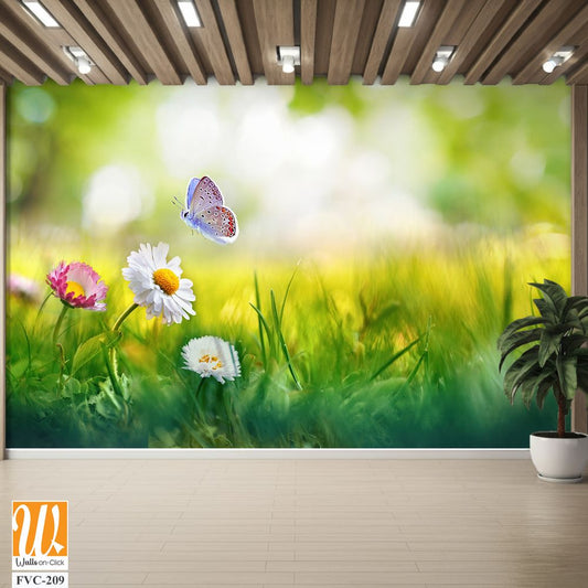 Beautiful spring meadow with daisies and grass, butterfly Wallpaper [WP-FVC-209]