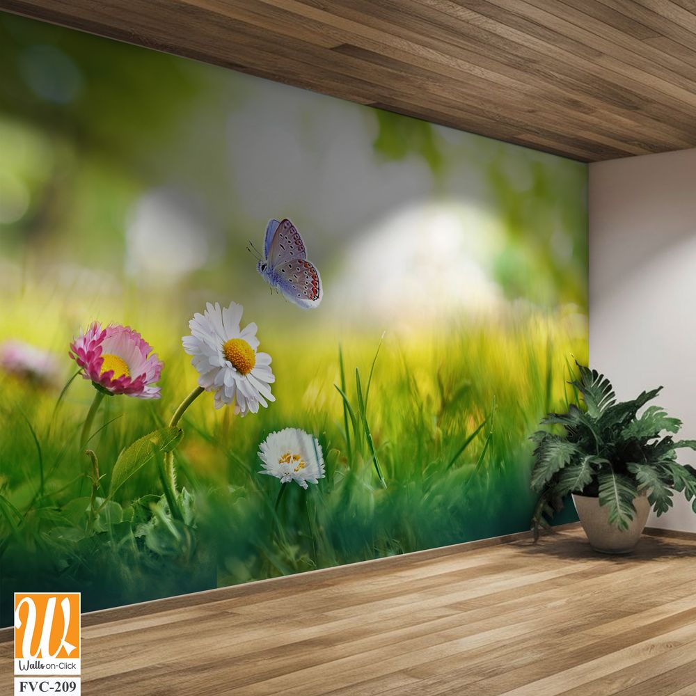 Beautiful spring meadow with daisies and grass, butterfly Wallpaper [WP-FVC-209]