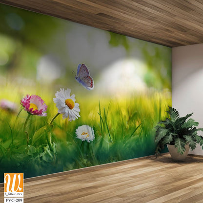 Beautiful spring meadow with daisies and grass, butterfly Wallpaper [WP-FVC-209]