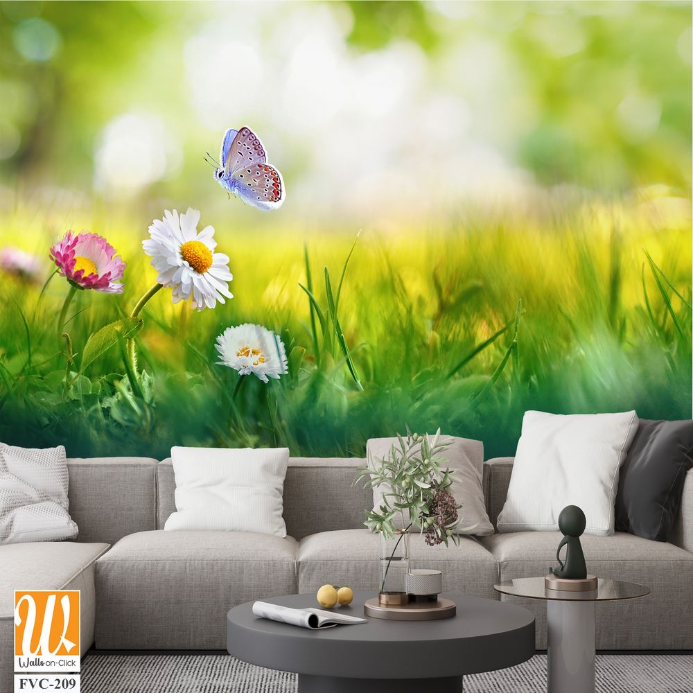 Beautiful spring meadow with daisies and grass, butterfly Wallpaper [WP-FVC-209]