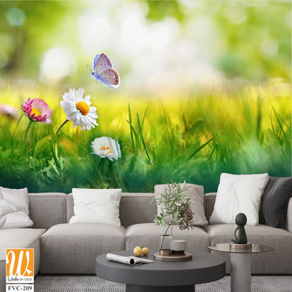 Beautiful spring meadow with daisies and grass, butterfly Wallpaper [WP-FVC-209]