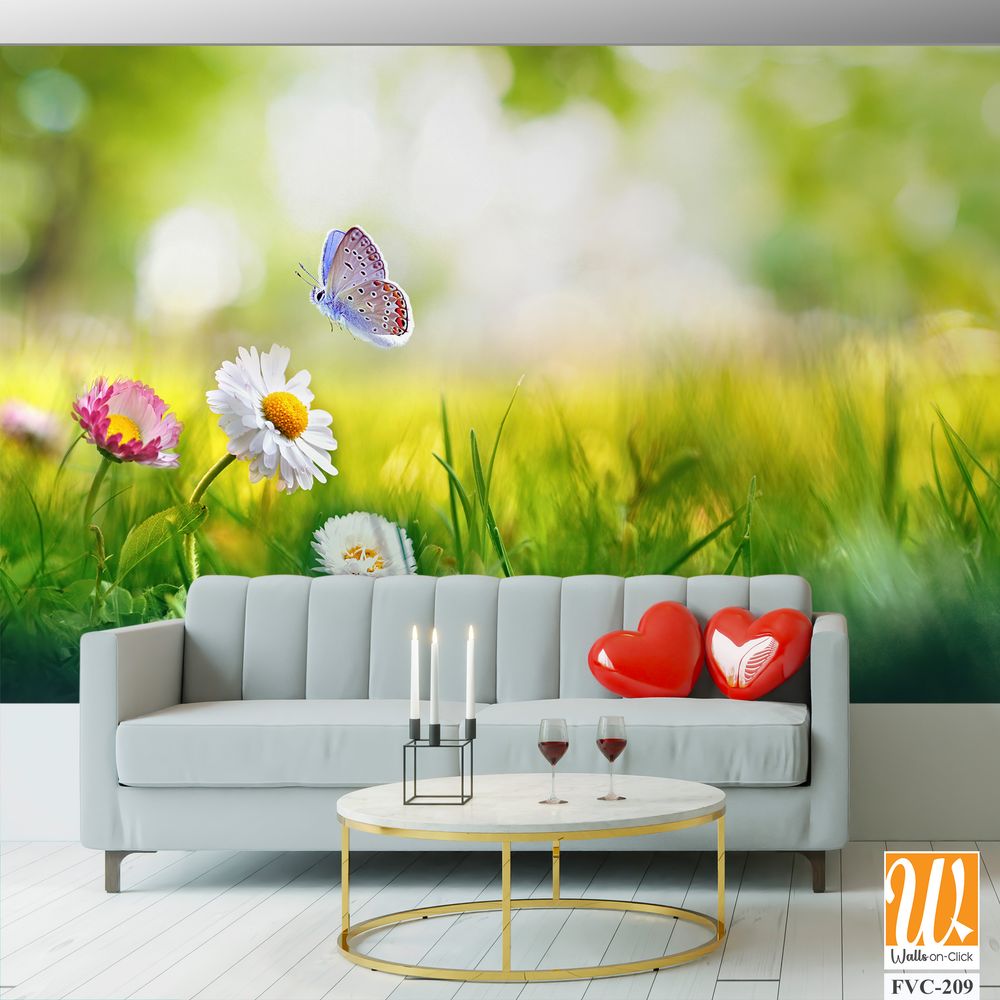 Beautiful spring meadow with daisies and grass, butterfly Wallpaper [WP-FVC-209]