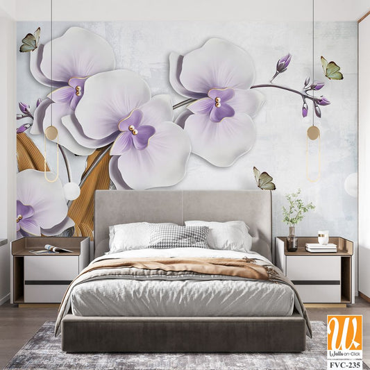 3D wallpaper of white orchid flowers with butterflies [WP-FVC-235]