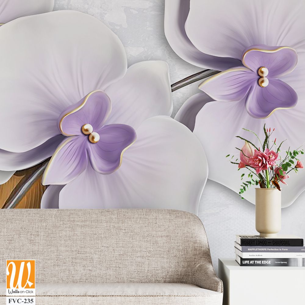 3D wallpaper of white orchid flowers with butterflies [WP-FVC-235]