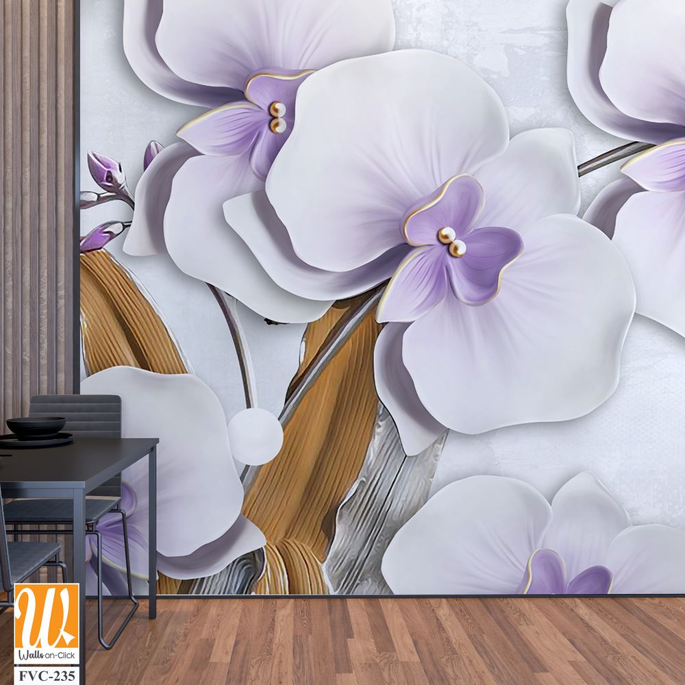 3D wallpaper of white orchid flowers with butterflies [WP-FVC-235]
