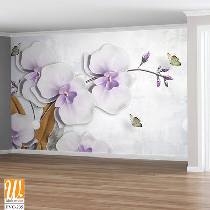 3D wallpaper of white orchid flowers with butterflies [WP-FVC-235]
