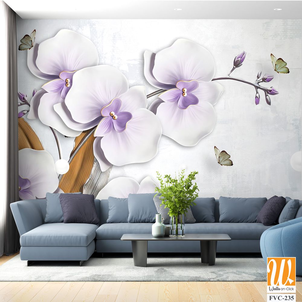 3D wallpaper of white orchid flowers with butterflies [WP-FVC-235]