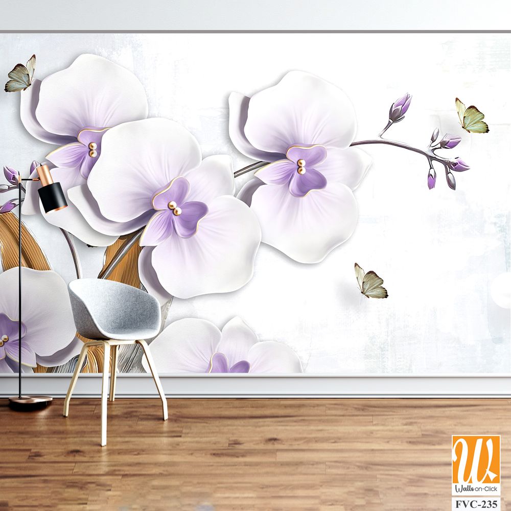 3D wallpaper of white orchid flowers with butterflies [WP-FVC-235]