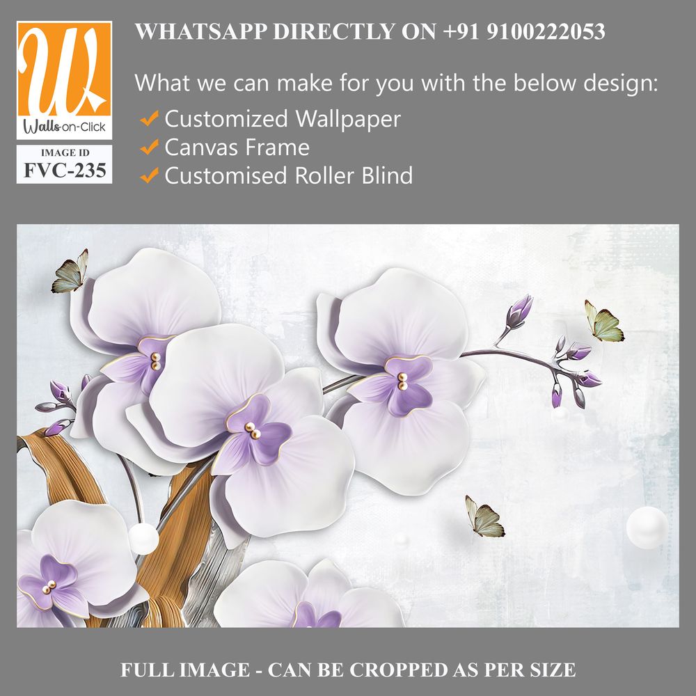 3D wallpaper of white orchid flowers with butterflies [WP-FVC-235]
