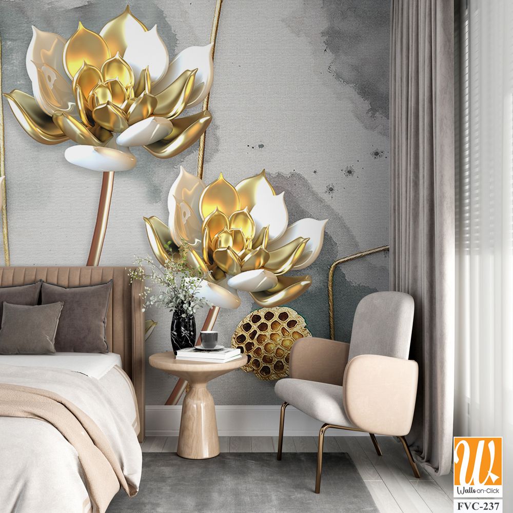 3D luxury gold lotus flowers on a watercolor background [WP-FVC-237]
