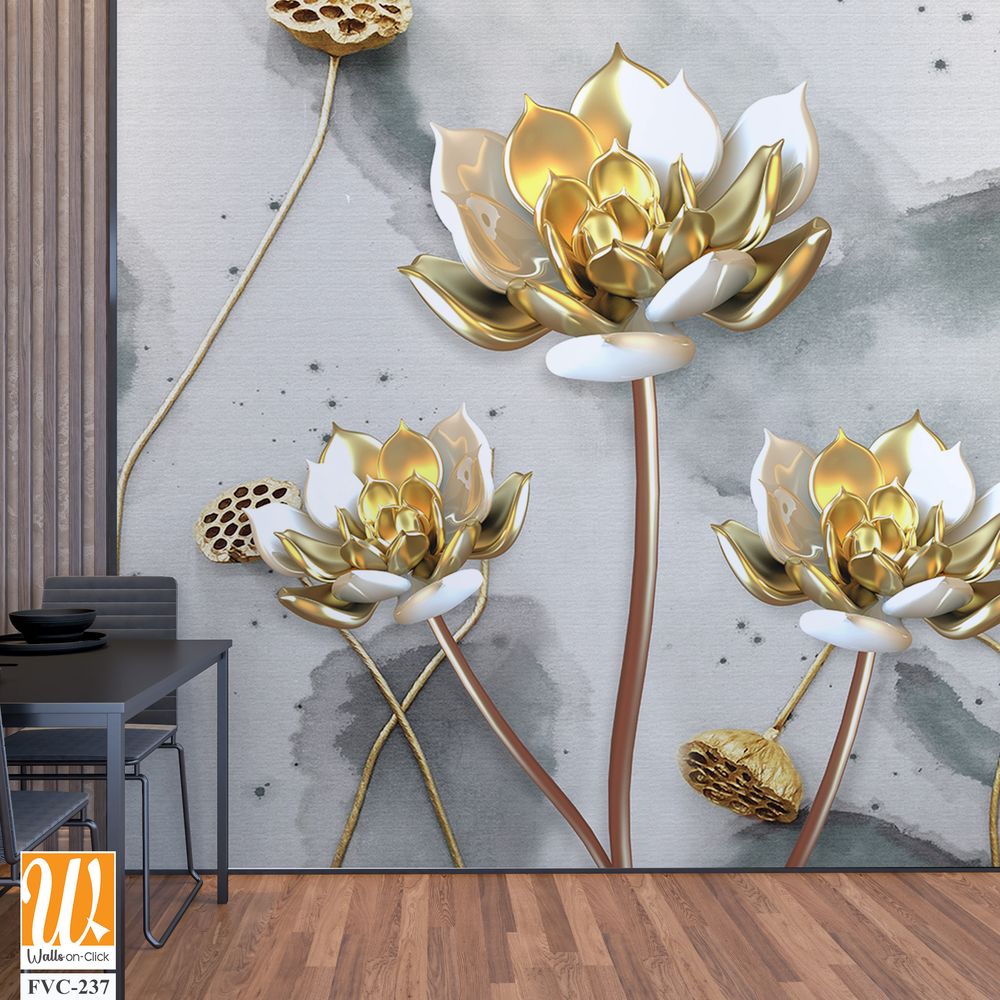 3D luxury gold lotus flowers on a watercolor background [WP-FVC-237]