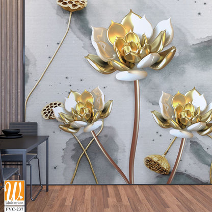 3D luxury gold lotus flowers on a watercolor background [WP-FVC-237]