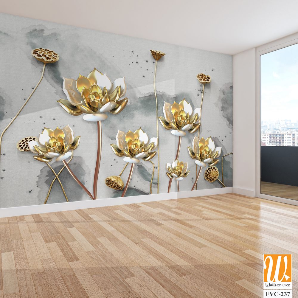 3D luxury gold lotus flowers on a watercolor background [WP-FVC-237]