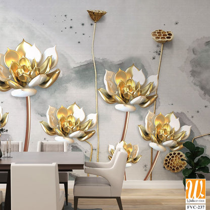 3D luxury gold lotus flowers on a watercolor background [WP-FVC-237]