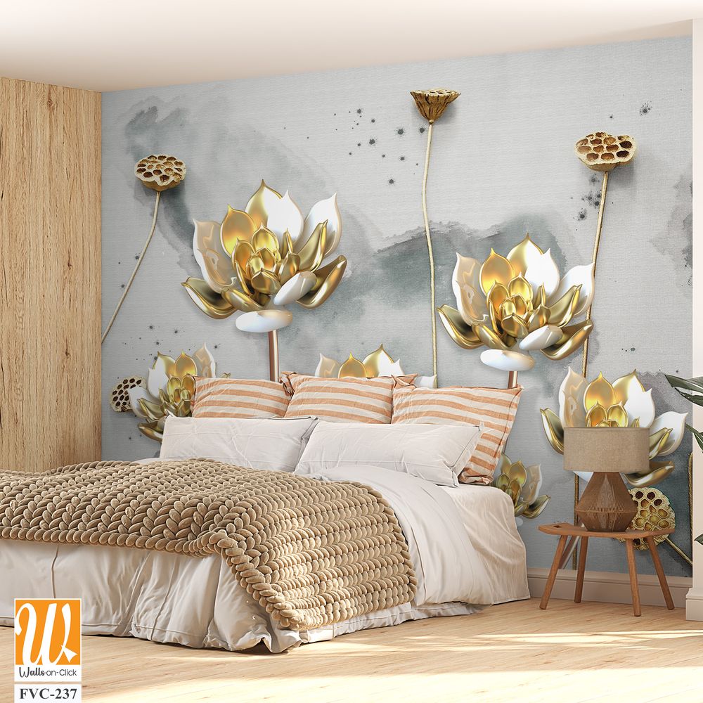 3D luxury gold lotus flowers on a watercolor background [WP-FVC-237]