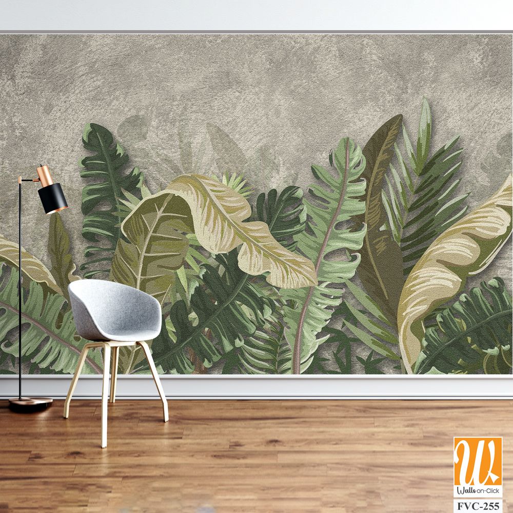 Bohemian-style painting of green leaves on a grey background Wallpaper [WP-FVC-255]