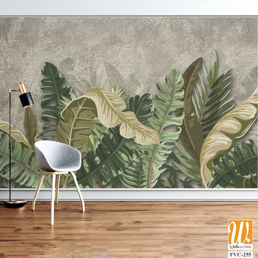 Bohemian-style painting of green leaves on a grey background Wallpaper [WP-FVC-255]