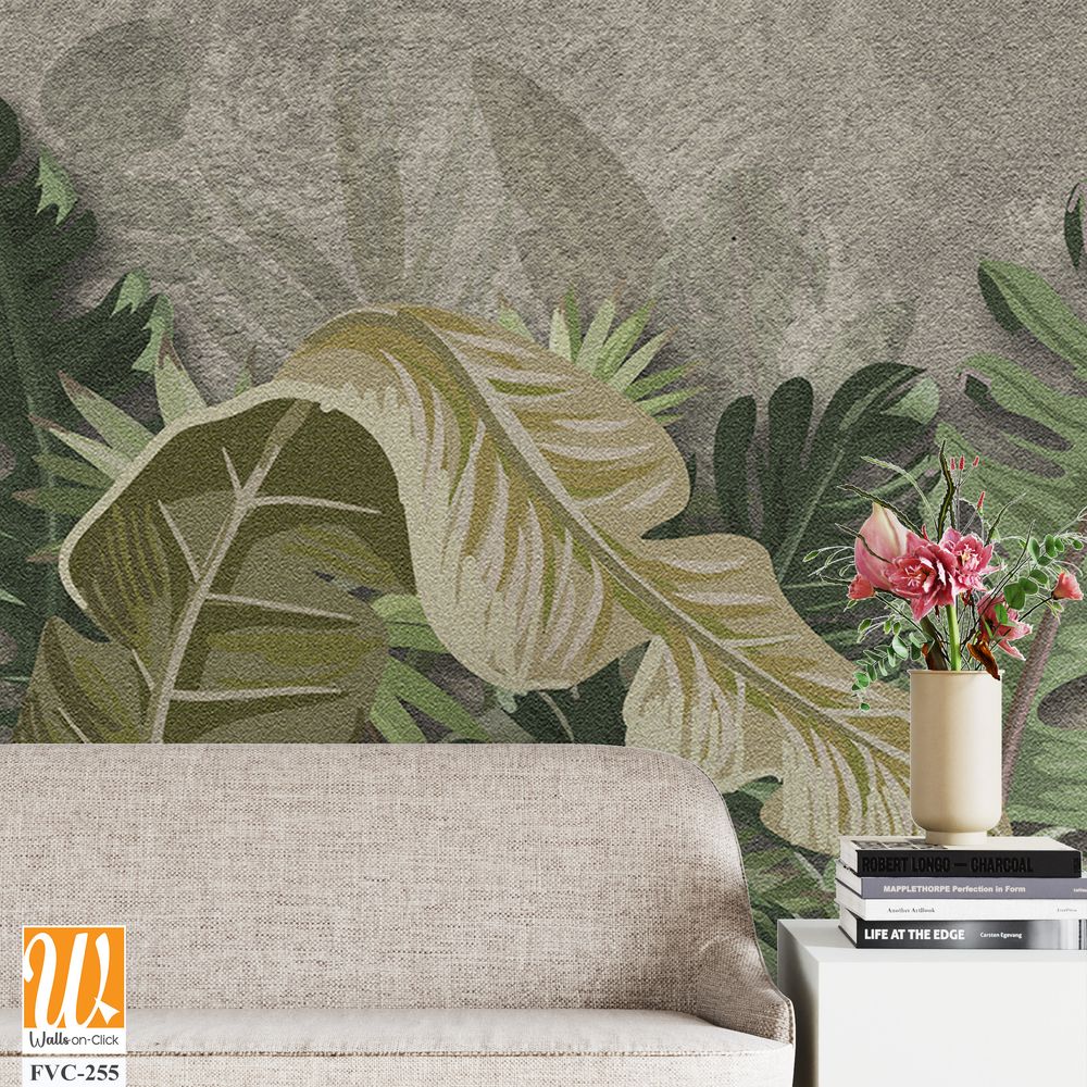 Bohemian-style painting of green leaves on a grey background Wallpaper [WP-FVC-255]