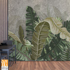 Bohemian-style painting of green leaves on a grey background Wallpaper [WP-FVC-255]